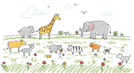 Obraz premium A playful children's drawing of animals in a field with stick figures and bright colors, resembling a kid's sketch, centered on a clean white background 