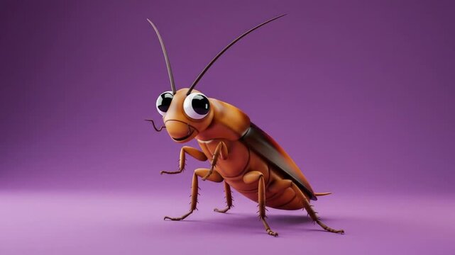 Animated cockroach: A digitally crafted depiction of a cute and expressive cockroach, featuring oversized eyes and an inviting demeanor, posing against a clean background. 