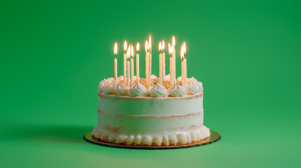 Birthday cake with candles on green background