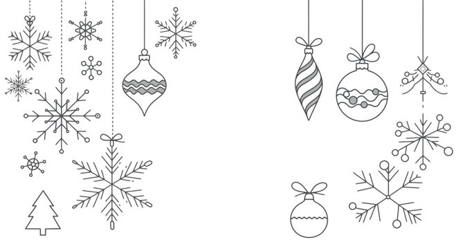 Christmas ornaments and snowflakes vector design for holiday season greetings and winter background decoration