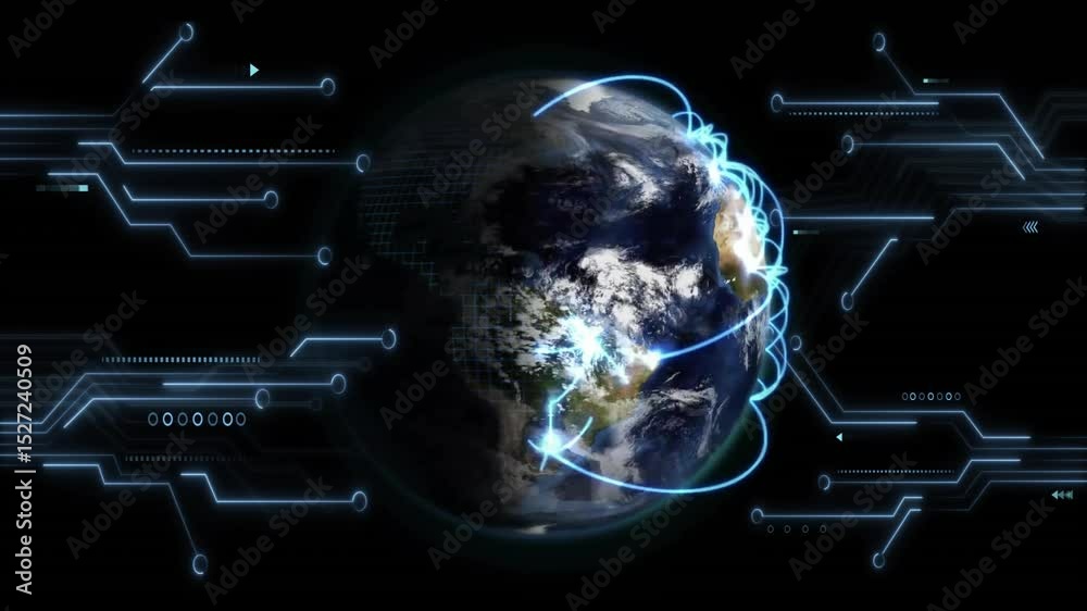 Poster rotating globe receiving glowing blue arcs from circuits pulsing connections showing data exchange