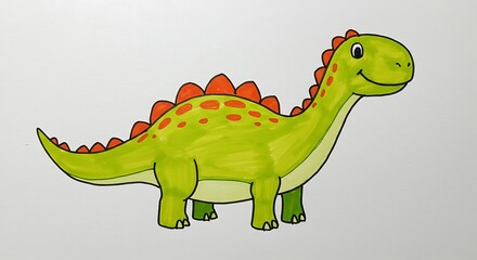 Fototapeta premium A child-style drawing of a dinosaur with uneven outlines, bright colors, and smiling expression, centered on a white background 