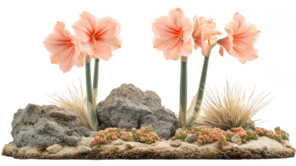 Beautiful Pink Amaryllis Flowers with Rock, Sand and Foliage on PNG transparent background