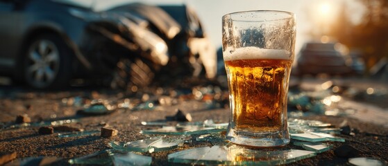A glass of beer sits amidst shattered glass and a car accident scene, highlighting the dangers of drinking and driving.