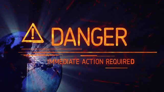 Upon data lines animating in, 3D Earth rotating with fading warning icon, settling text for alert