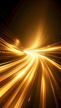Abstract shiny color gold wave light effect vector illustration. Magic golden luminous glow design element on dark background, orange and yellow luminosity, abstract neon motion glowing wavy lines
