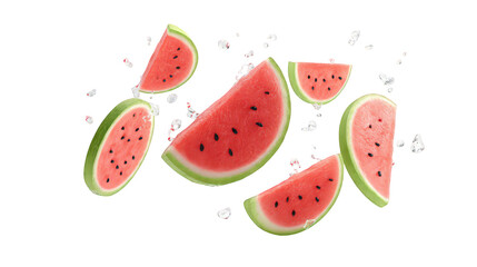 Refreshing juicy watermelon slices splashing water summer fruit delicious red sweet tasty vibrant healthy tropical food photography background image eat diet ripe on transparent background