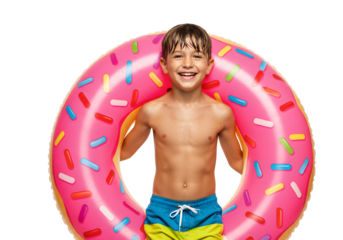 Happy boy with donut pool float ready for summer fun