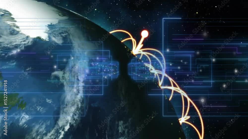 Poster Glowing orange node activating rotating globe sending arcs visualizing world data network