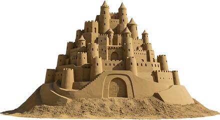 A large scale sand sculpture of a castle with towers and arches, realistic texture and shadowing, displayed on a clean white isolated background, detailed and lifelike, 