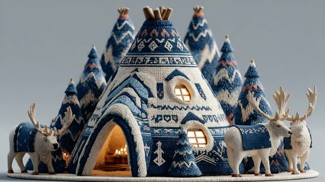 Enchanting Knitted Christmas Village Scene with Teepees and Deer Decorations