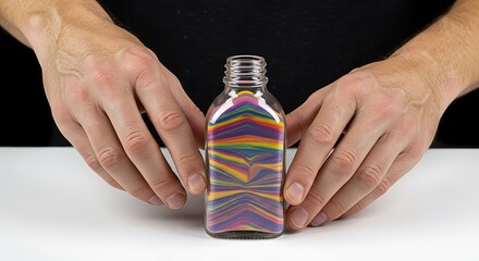 A pair of hands carefully pouring colored sand into a glass bottle creating layered sand art, crisp textures and vibrant color bands, realistic on white background,