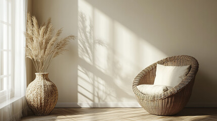 Fototapeta premium cozy boho room featuring woven chair and decorative vase with dried plants, creating serene