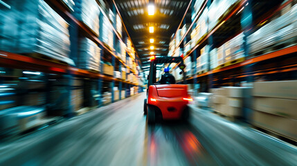 Forklift driving quickly through warehouse aisle with motion blur indicating speed