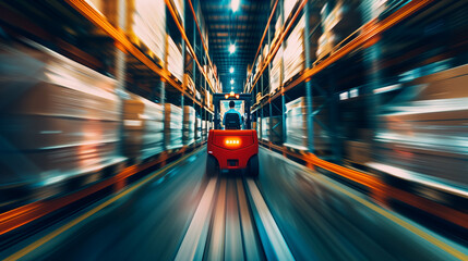 Forklift driving quickly through warehouse aisle with motion blur indicating speed