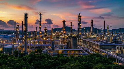 Illuminated oil refinery complex at twilight with colorful evening sky in the background