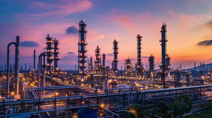 Illuminated oil refinery complex at twilight with colorful evening sky in the background