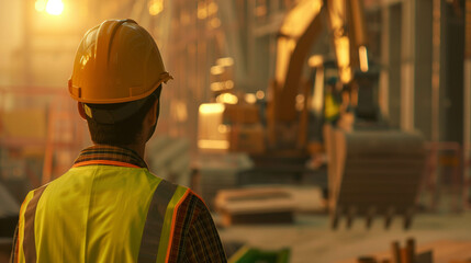 Construction worker in safety gear observing excavator operating inside industrial building site