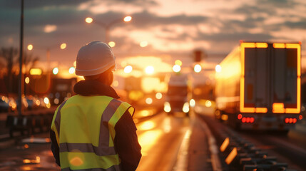 Road construction worker overseeing highway traffic under glowing sunset and safety lighting