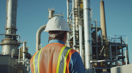 Industrial engineer in safety gear inspecting refinery infrastructure under clear daylight sky