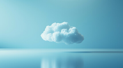 Minimalist 3D render of soft white cloud floating over calm reflective blue surface