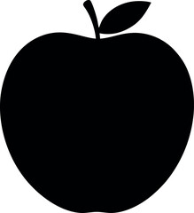 Simple Black Apple Silhouette with Stem and Leaf on White Background