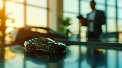 Black toy sports car on reflective office desk with blurred businessman in background