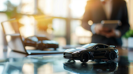 Black toy sports car on reflective office desk with blurred businessman in background