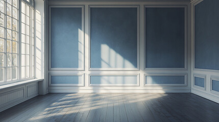 Fototapeta premium serene empty living room with blue tones and natural light streaming through large windows