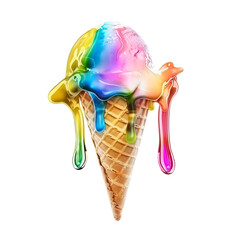 Fototapeta premium Rainbow ice cream cone with melted colorful glaze isolated on transparent background