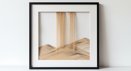 A timelapse style still of sand being poured into a framed art piece, showing mid motion trails and buildup of layers, clean white background, kinetic and expressive,
