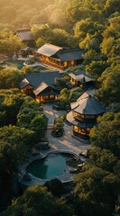 Fototapeta premium Aerial view of Asian temple complex at dawn