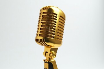 Fototapeta premium Golden microphone on white backdrop, hiphop vibe, mic, show