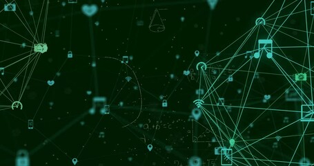 Floating icons initiating mesh growth while sketches emerge and network pulses into cyan data graph - Powered by Adobe