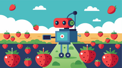 A small robot with a mounted camera and specialized software moves through a strawberry field analyzing each berry for size color and shape.. Vector illustration