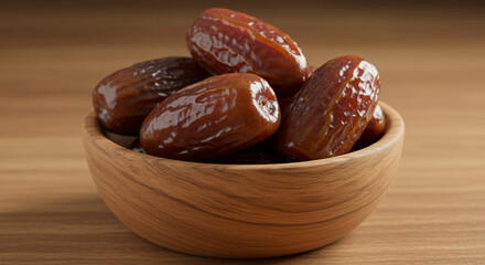 Obraz premium Close-up shot of dates in a wooden bowl on a wooden table, food photography