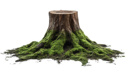 Detailed image of a tree stump covered in green moss with PNG transparent background