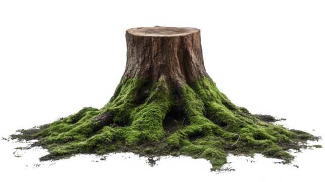 Detailed image of a tree stump covered in green moss with PNG transparent background