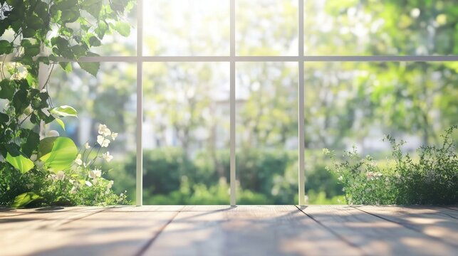Fototapeta Sunny window view with wooden deck.