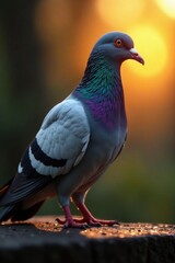 Sunrise illuminates sleek grey pigeon feathers, dew-kissed , urban, photo, sky