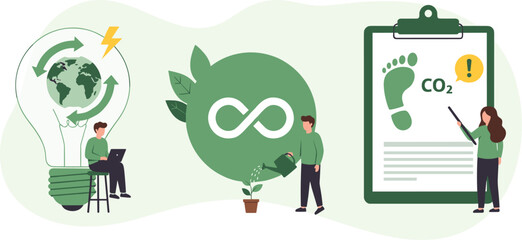 Circular economy illustration set. Sustainable economic growth strategy, recourses reuse and reduce co2 emission and climate impact. ESG, green energy and industry concept. 
