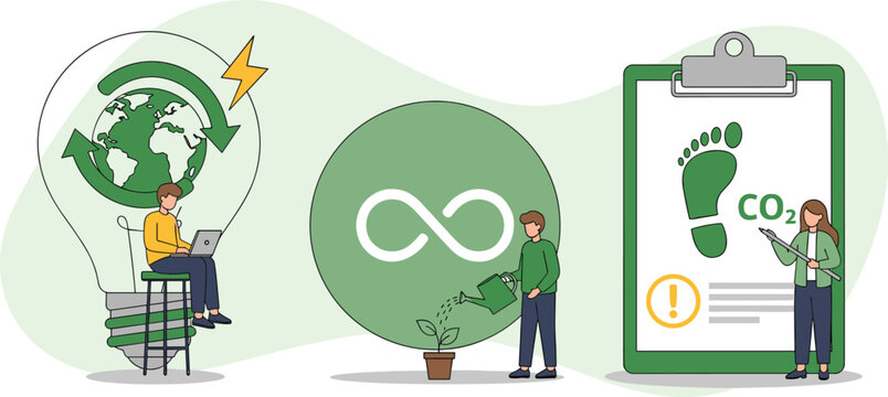 Circular economy illustration set. Sustainable economic growth strategy, recourses reuse and reduce co2 emission and climate impact. ESG, green energy and industry concept. 