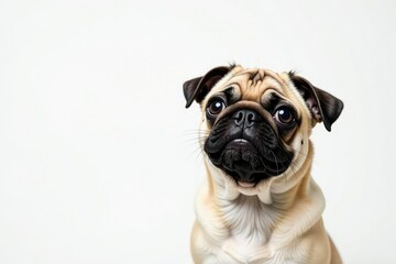 Playful pug, ears up, looking at camera, white backdrop, pug, canine