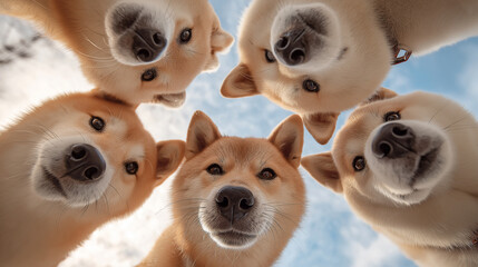 Fototapeta premium Five shiba dogs looking at the camera from below