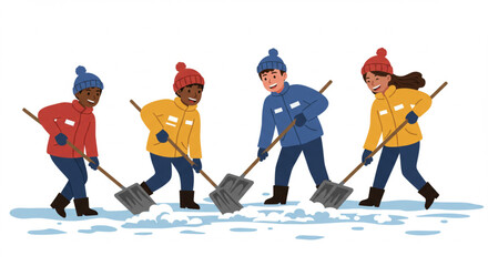  Cartoon Janitors Working Together Cleaning Snow from Street with Manual Shovels Vector Illustration