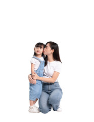 Full body of Asian mother and daughter posing on PNG  background	
