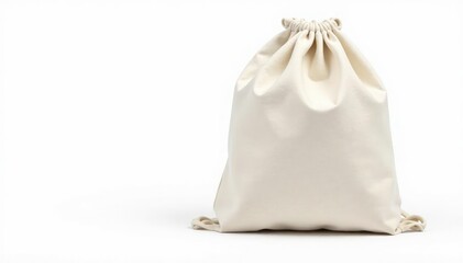 Obraz premium Small beige canvas drawstring bag isolated on white, canvas bag, simple