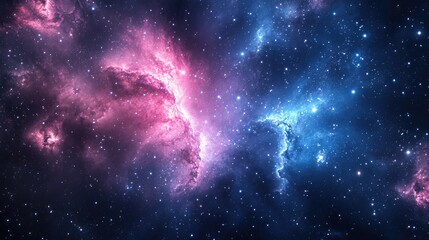 Naklejka premium Enchanted cosmic scene with glowing pink-blue hues, filled with starlight sparkles and distant dreamy galaxies