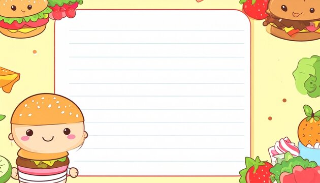 An adorable blank note card is decorated with whical cartoon burgers and fruits on a cheerful yellow background perfect for a lighthearted message today.