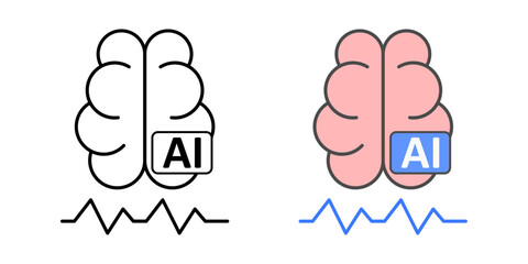 Brain with heart rate monitor icon for AI healthcare diagnostics, in outline and color styles.